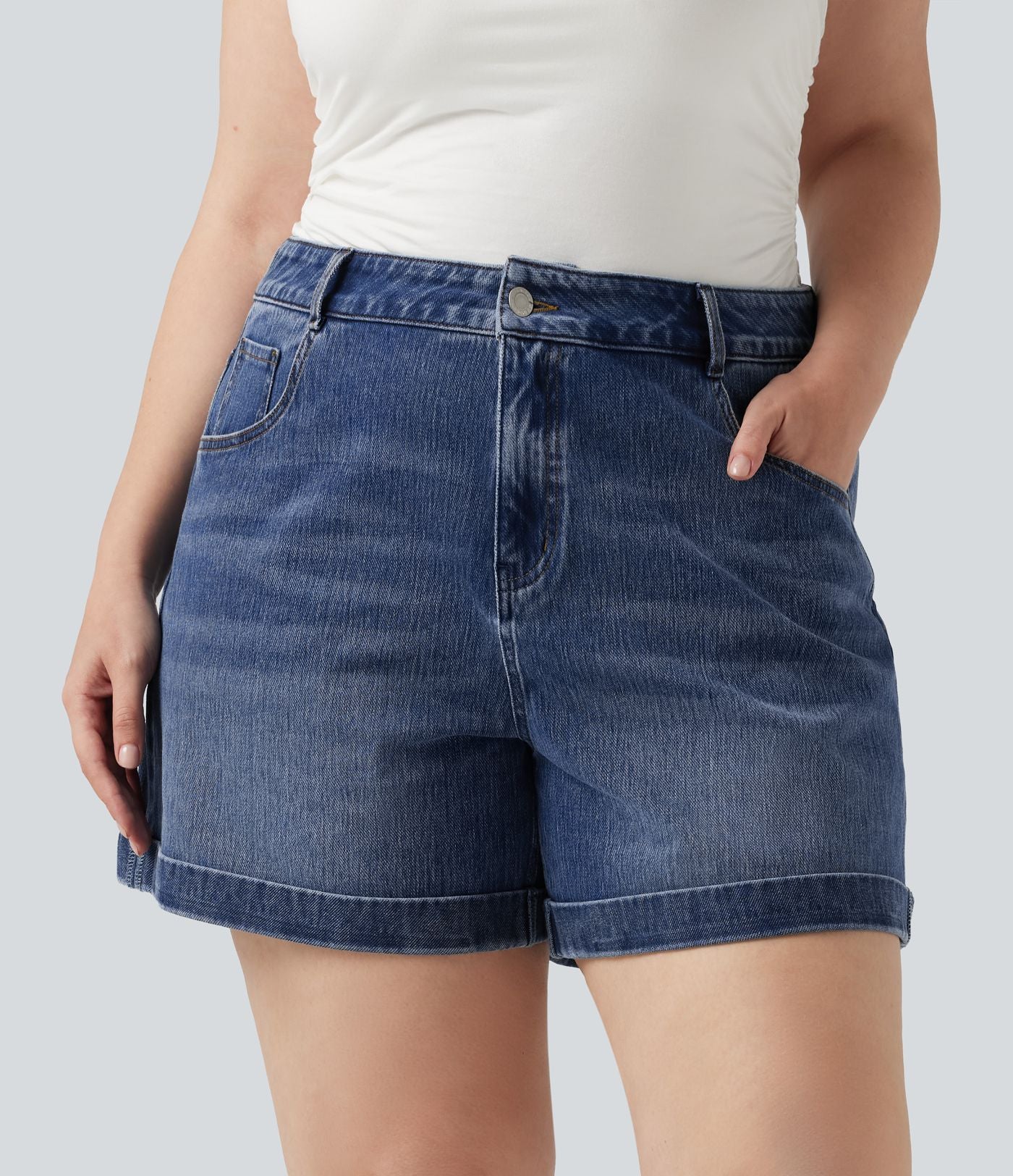 Short jean grande taille Halara Flex™ Denim casual taille mi-haute, ourlets retroussés, avec poches, 12,7 cm