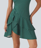 Robe mini casual à pois col rond sans manches ourlet à volants superposés