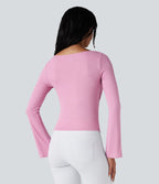 Top de sport danse côtelé col bénitier manches longues