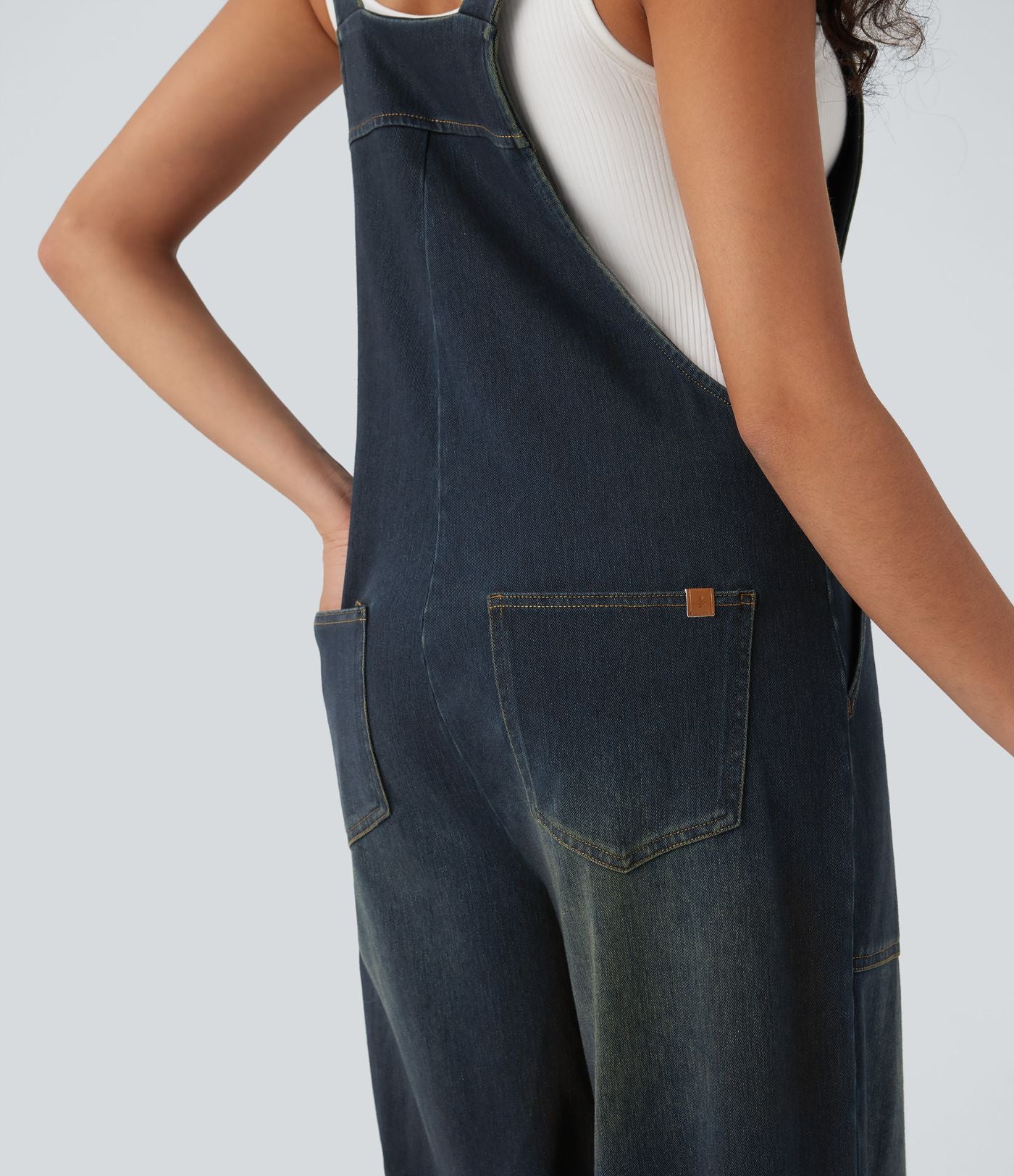Salopette denim Halara Flex™ col carré effet délavé avec poches