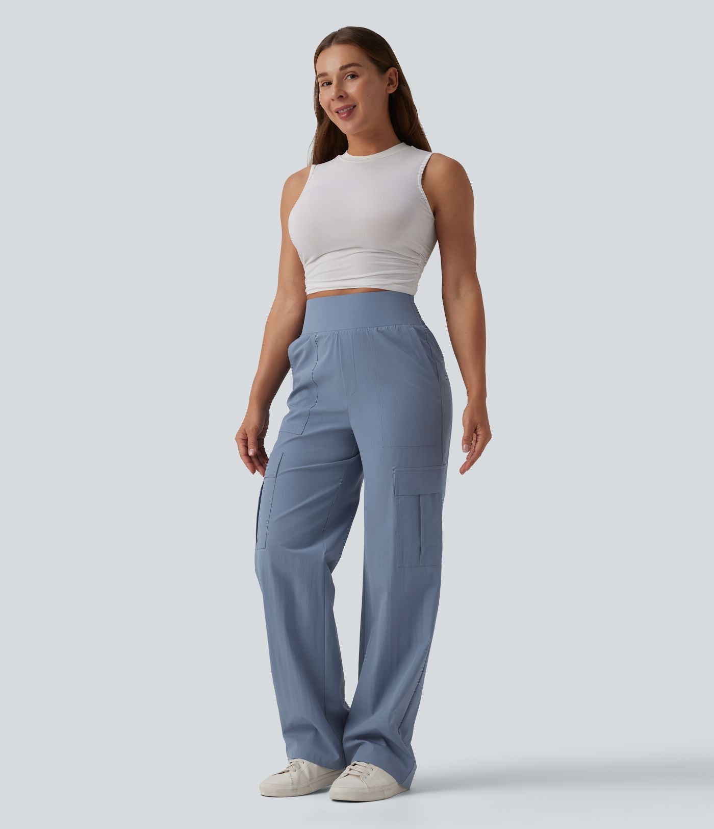 Pantalon décontracté coupe droite taille haute avec poches