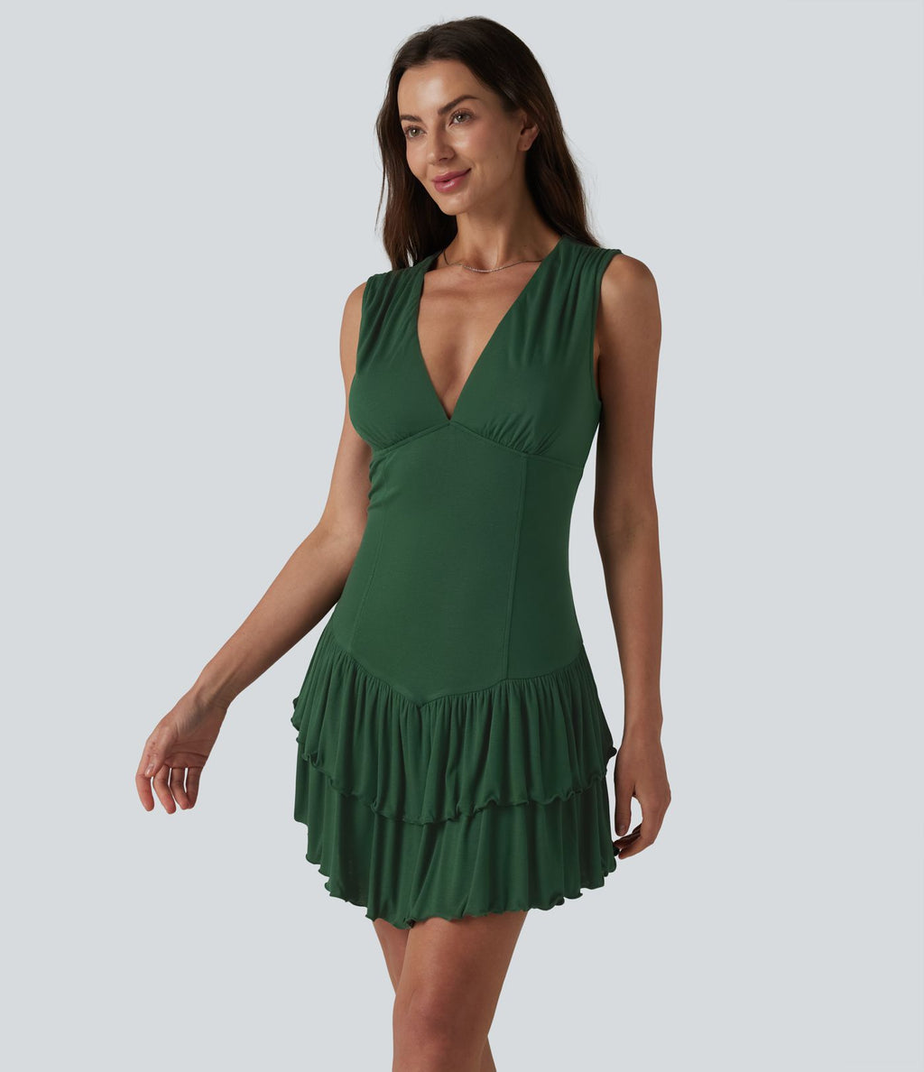 Robe mini en maille côtelée col V sans manches ourlet à volants superposés