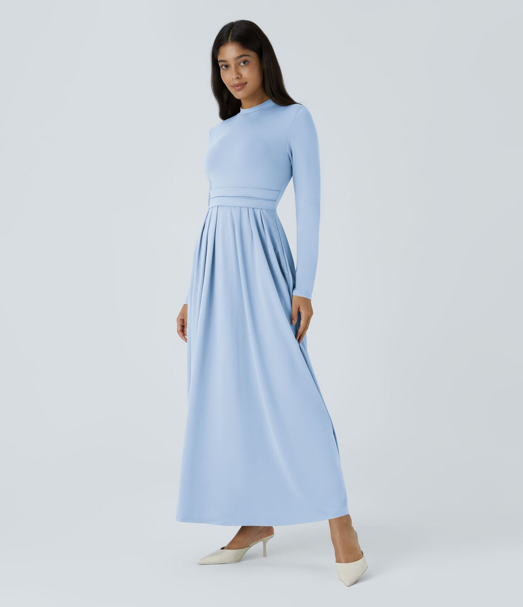 Robe longue décontractée à col montant, manches longues, plissée, avec poches latérales et coupe évasée