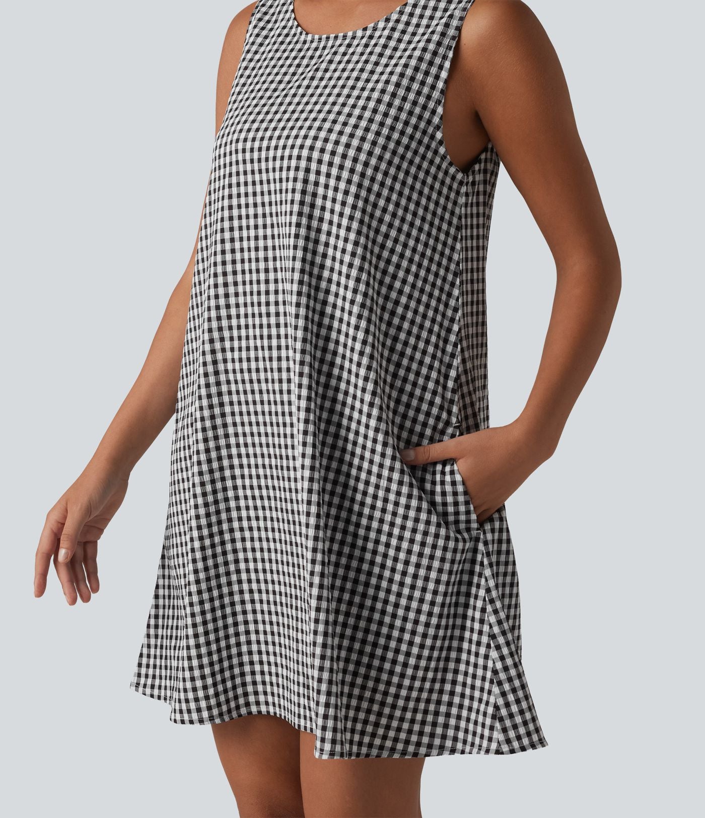 Robe débardeur mini décontractée col rond sans manches en vichy froissé avec poches