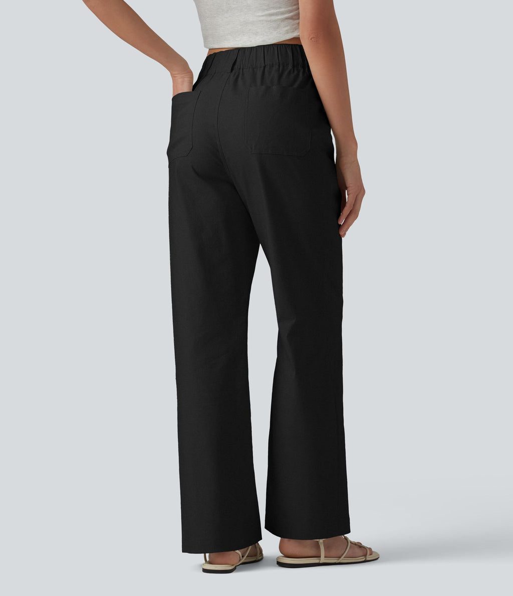 Pantalon droit décontracté en coton et lin taille haute avec poches