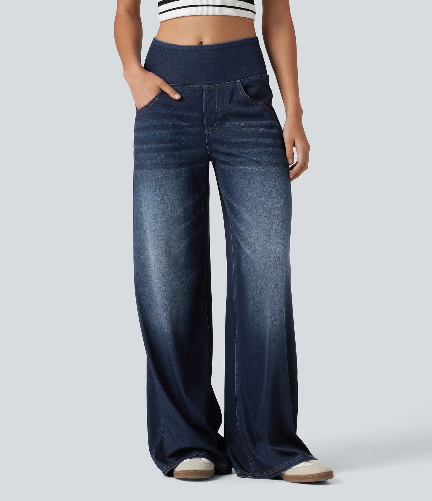 Halara Flex™ Jean large casual baggy taille mi-haute en lyocell drapé effet délavé, avec poches