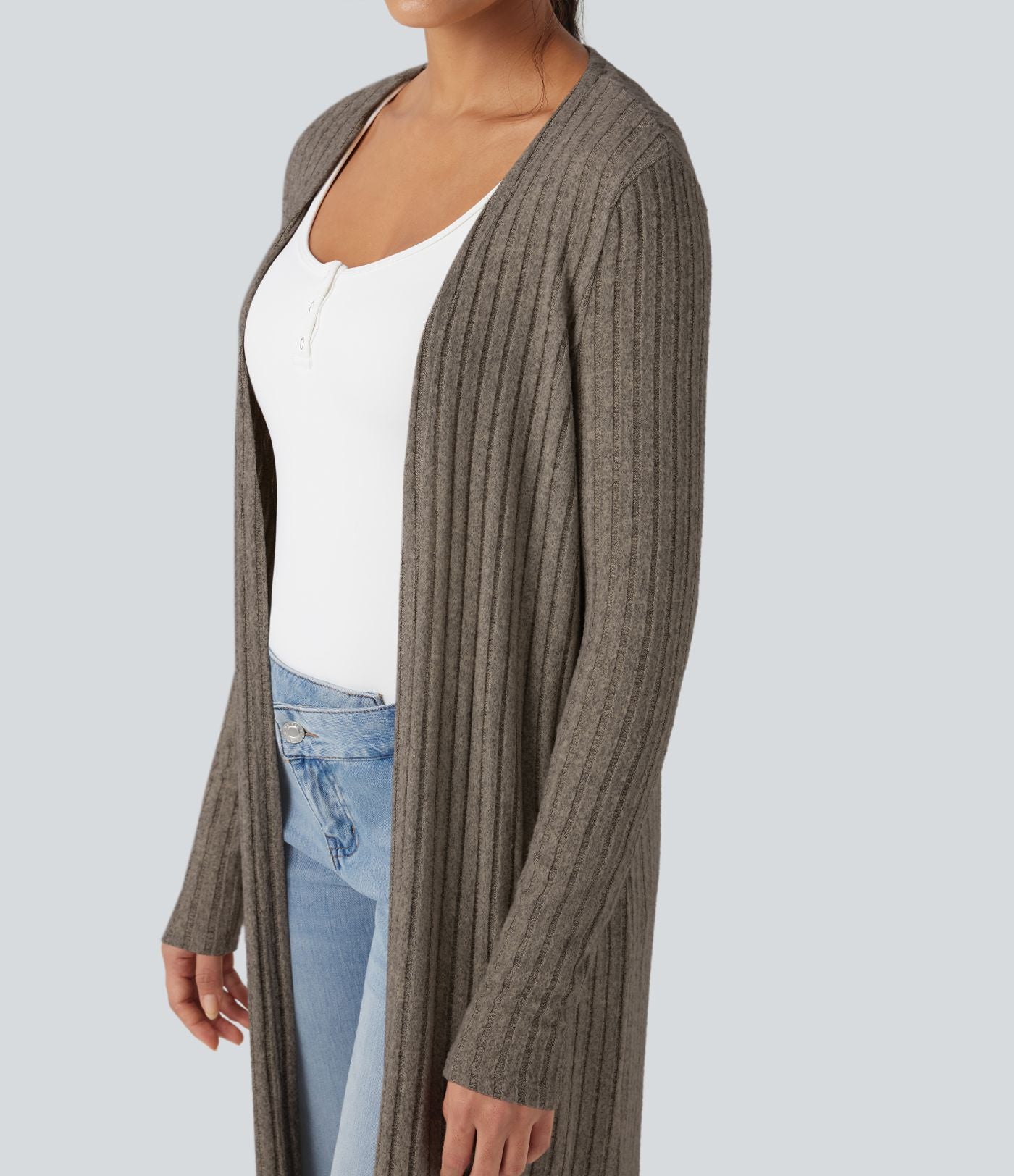 Manteau long décontracté maille côtelée manches longues avec fente