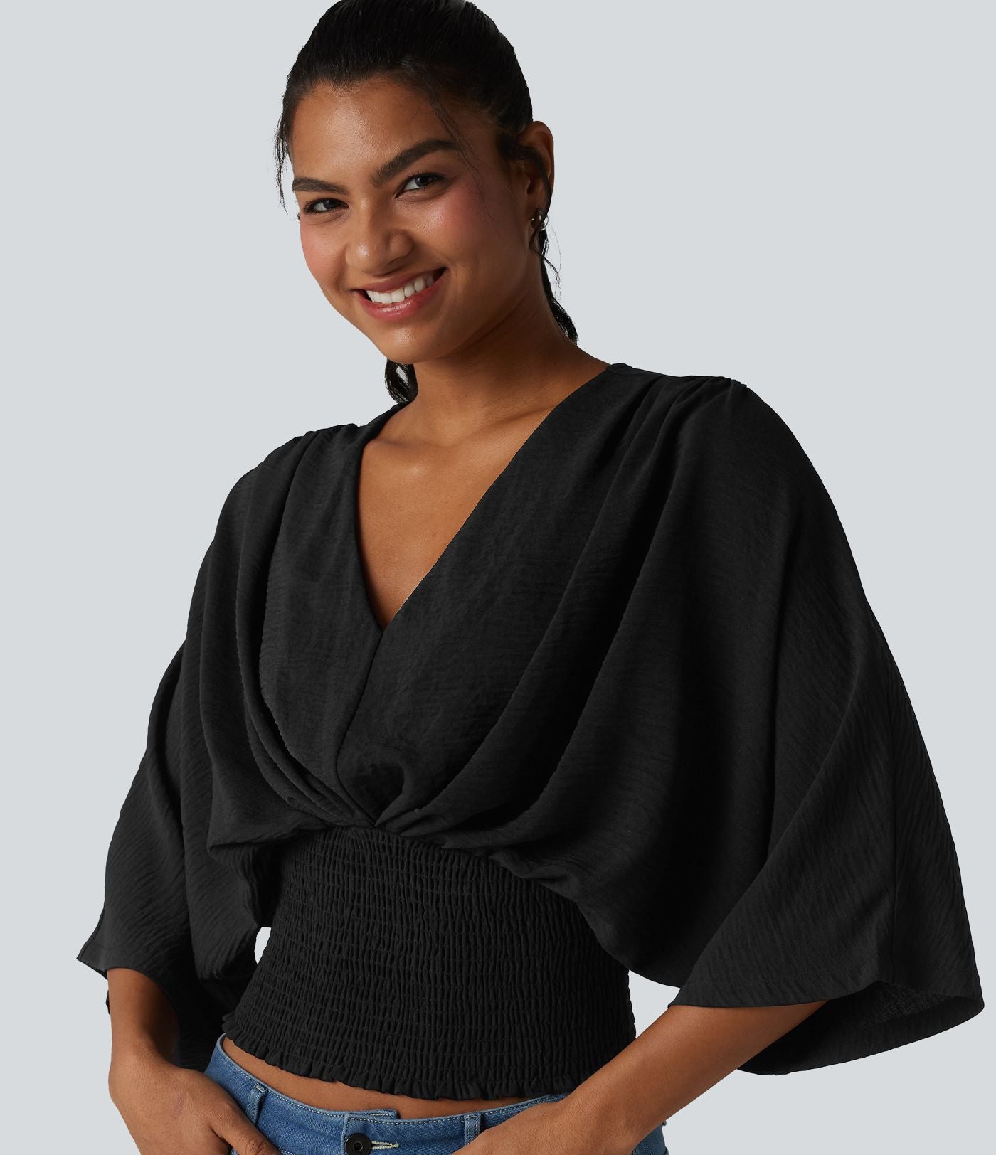 Blouse décontractée effet lin col V, manches chauve-souris et détails froncés