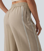 Pantalon large fluide décontracté taille haute color block aspect lin avec poches