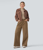 Pantalon large décontracté en velours côtelé taille haute avec poches