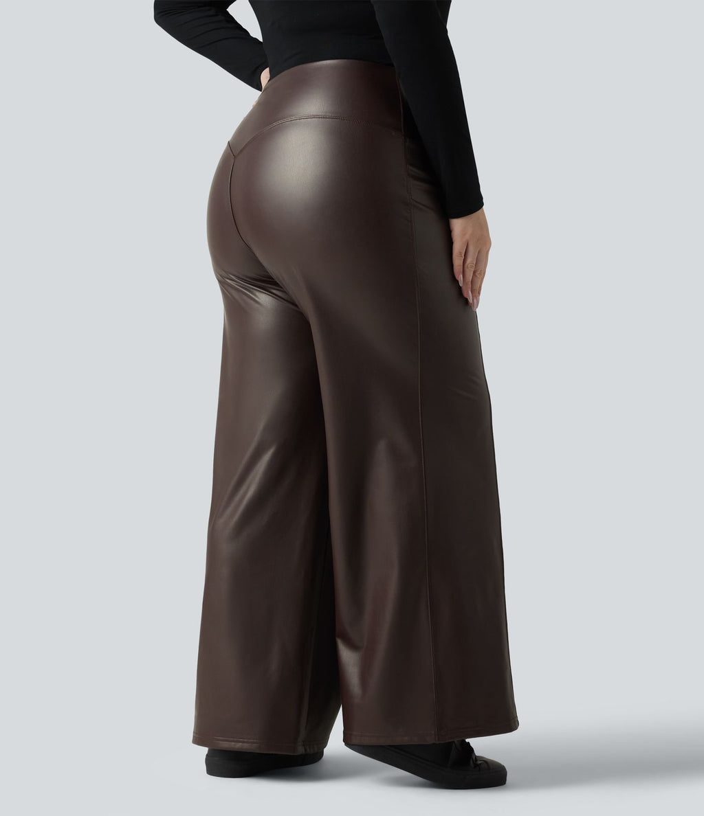 Pantalon flare grande taille en simili stretch doublé polaire, taille haute effet ventre plat avec poches