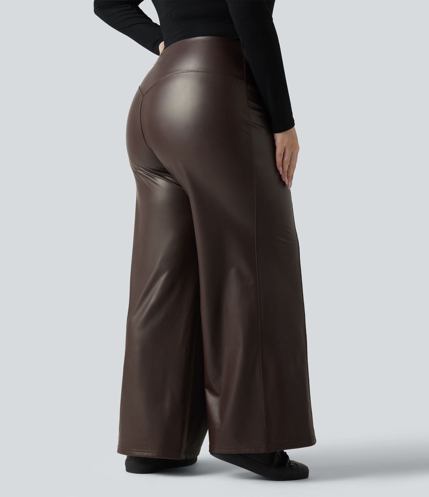 Pantalon flare grande taille en simili stretch doublé polaire, taille haute effet ventre plat avec poches