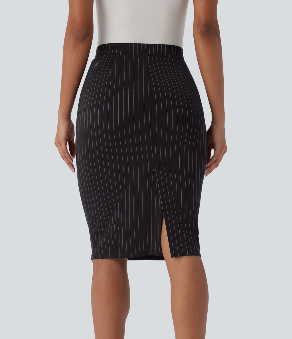 Jupe de travail moulante rayée taille haute avec poches et fentes effet frais InstantCool