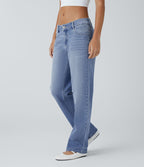 Jean décontracté Halara Flex™ taille basse à jambes droites avec bouton, fermeture éclair, multiples poches, effet délavé en maille extensible