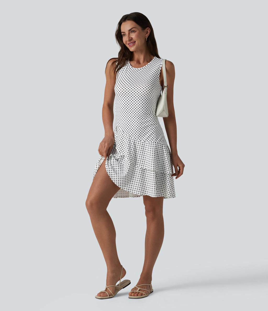 Robe mini casual à pois col rond sans manches ourlet à volants superposés