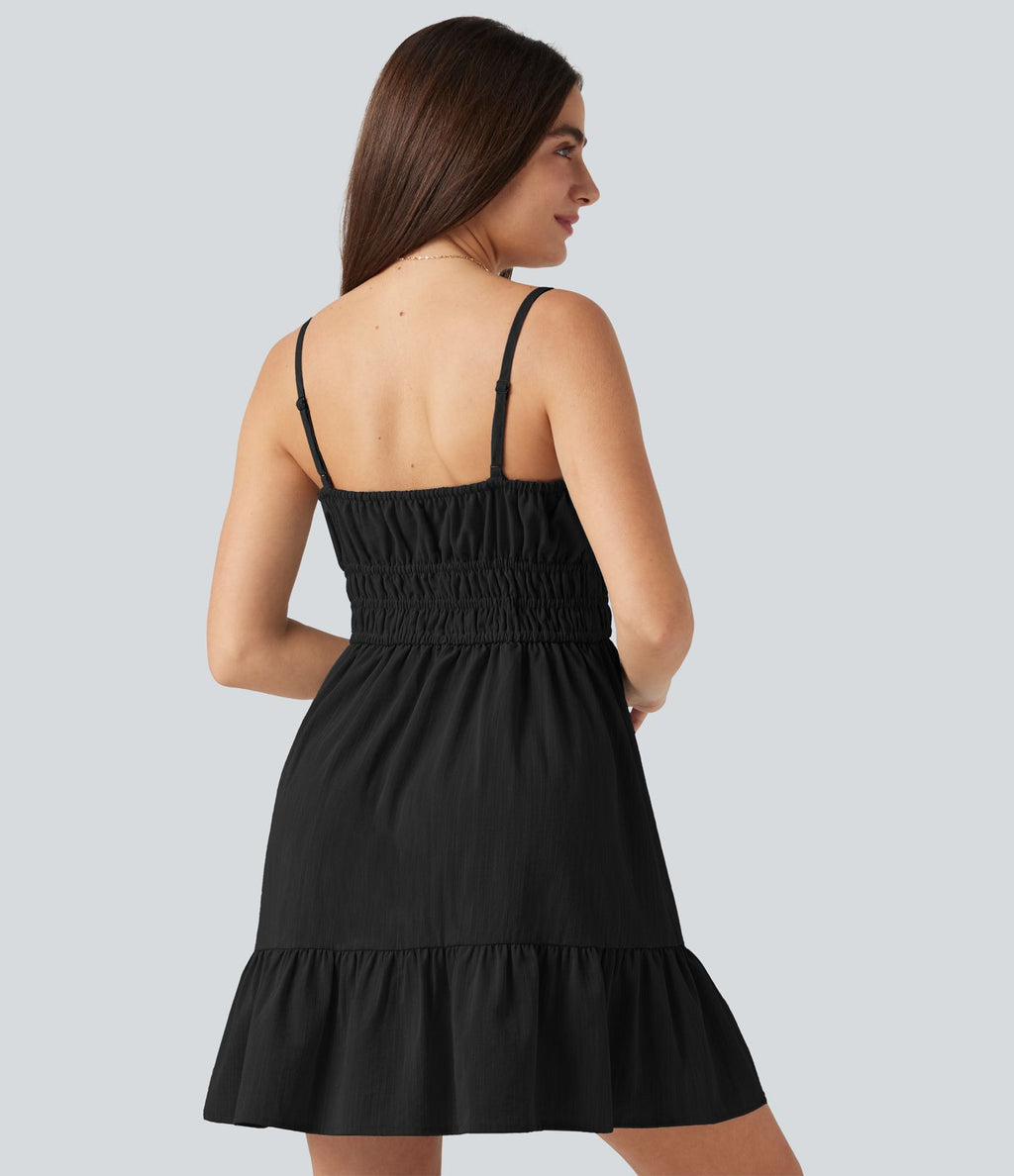 Robe mini à bretelles décontractée fluide aspect lin avec nœud frontal