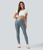Leggings de yoga taille haute en maille côtelée avec imprimé métallisé et poches