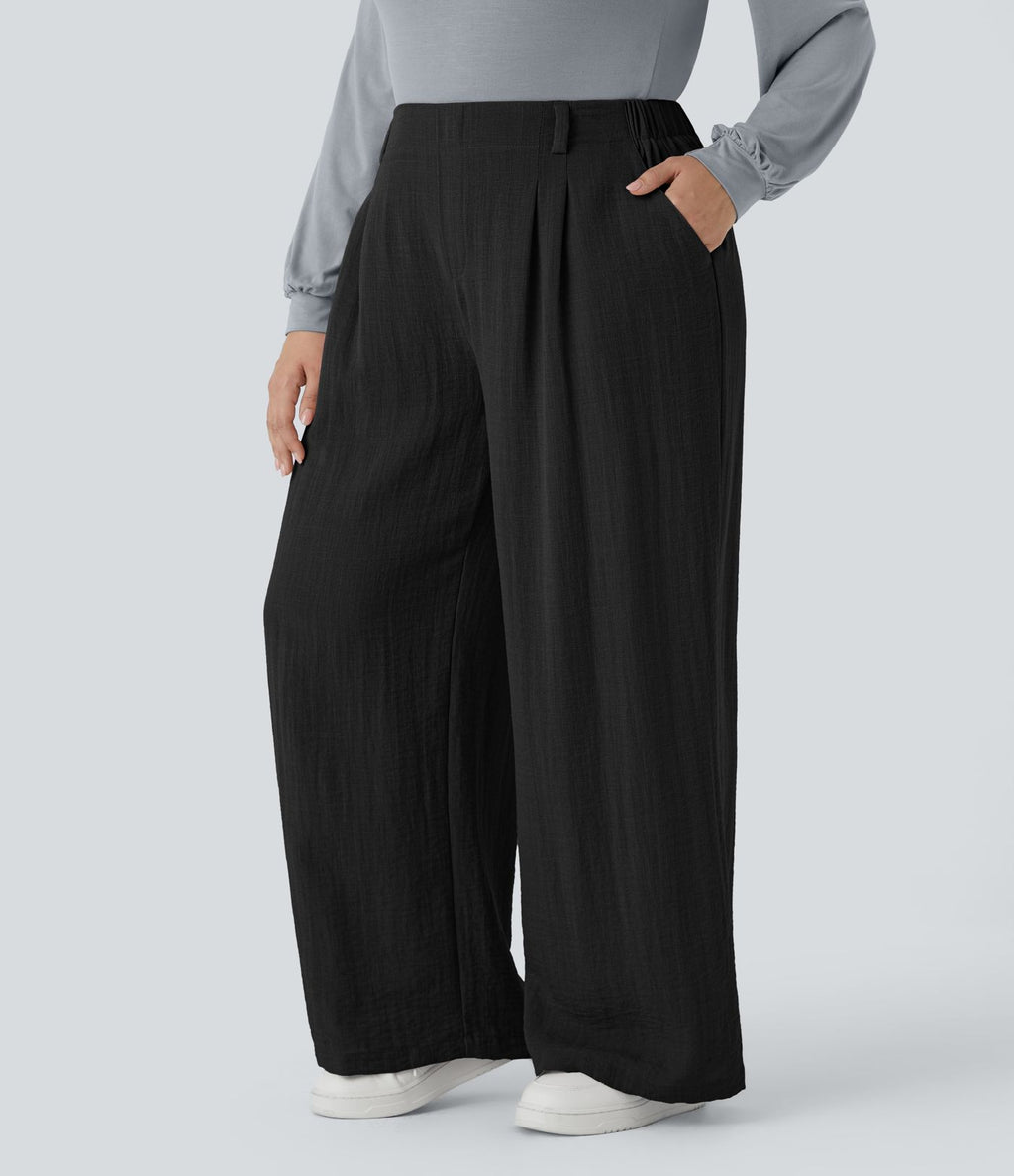Pantalon décontracté palazzo large effet lin, taille haute, grande taille, avec poches