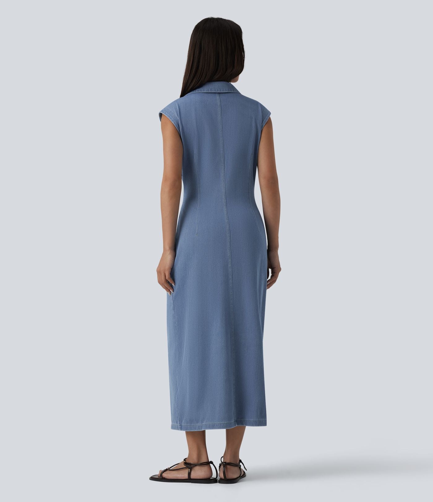 Halara Flex™ Robe décontractée en jean midi col V sans manches froncée avec boutonnière