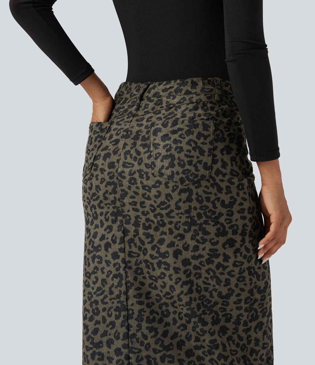 Jupe mi-longue décontractée imprimé léopard taille mi-haute avec poches