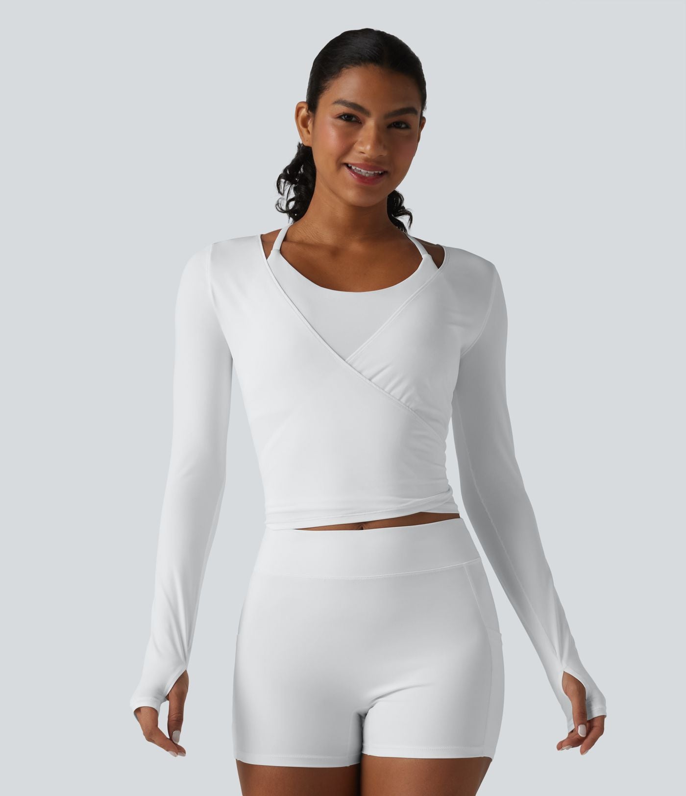 Haut de yoga à manches longues et bretelles croisées, toucher doux, protection solaire UPF50+