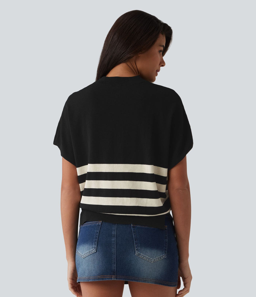 Pull casual col rond manches courtes à rayures