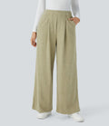 Pantalon décontracté large côtelé, taille haute, avec poches