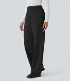 Pantalon Jogging en Fleece Thermique Jambe Droite Boutons Taille Haute Plusieurs Poches