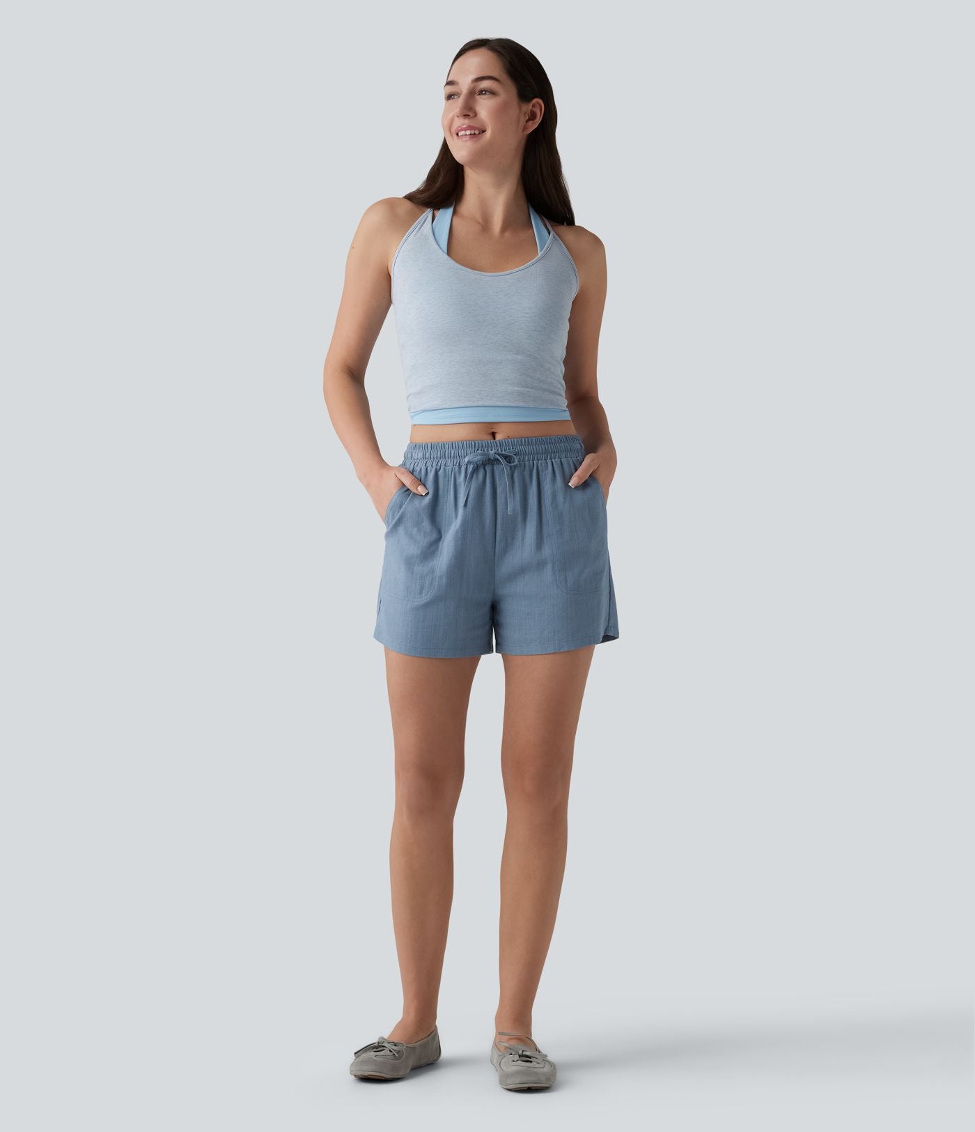 Short casual lin taille mi-haute avec cordon de serrage et poches