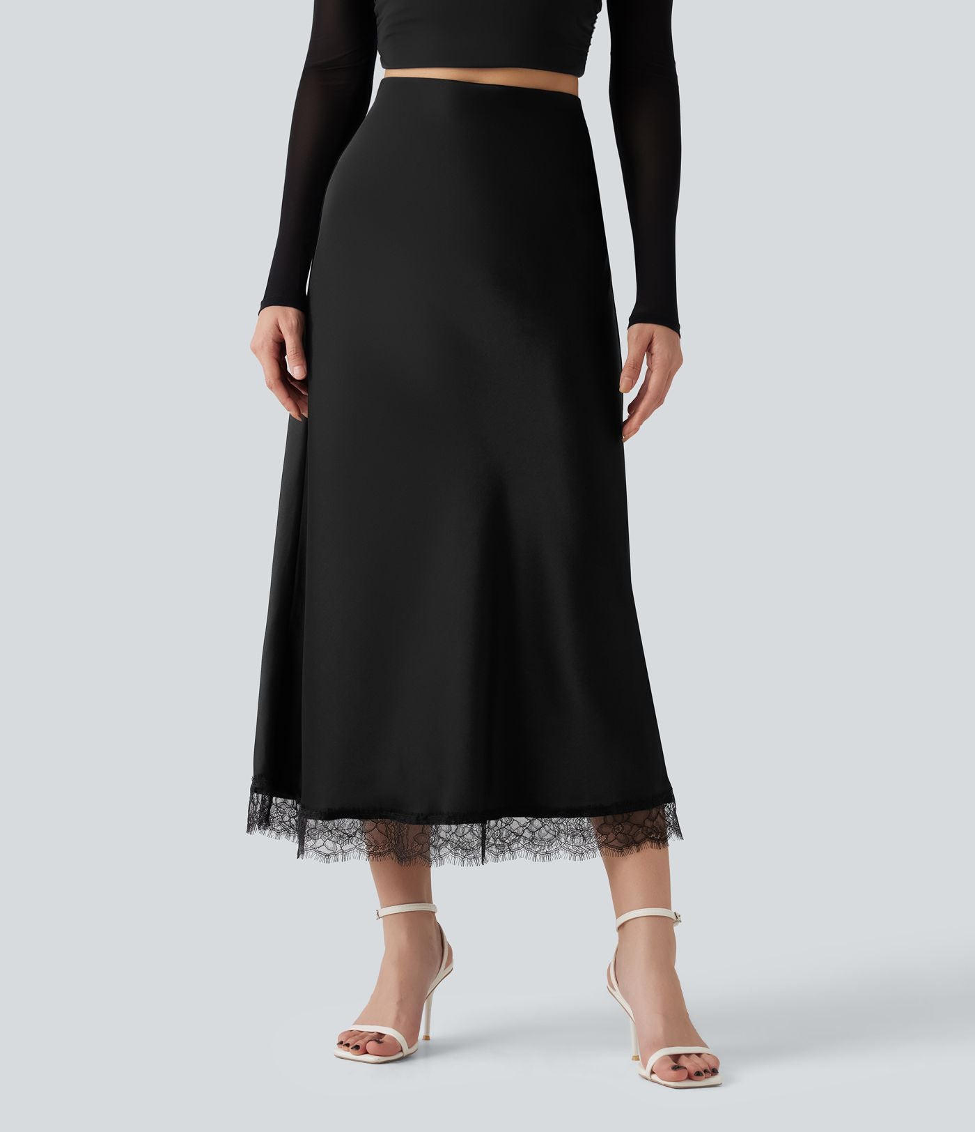 Jupe midi trapèze décontractée en satin et dentelle contrastée, taille haute