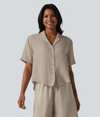 Chemise décontractée col cranté manches courtes en mélange lyocell et lin