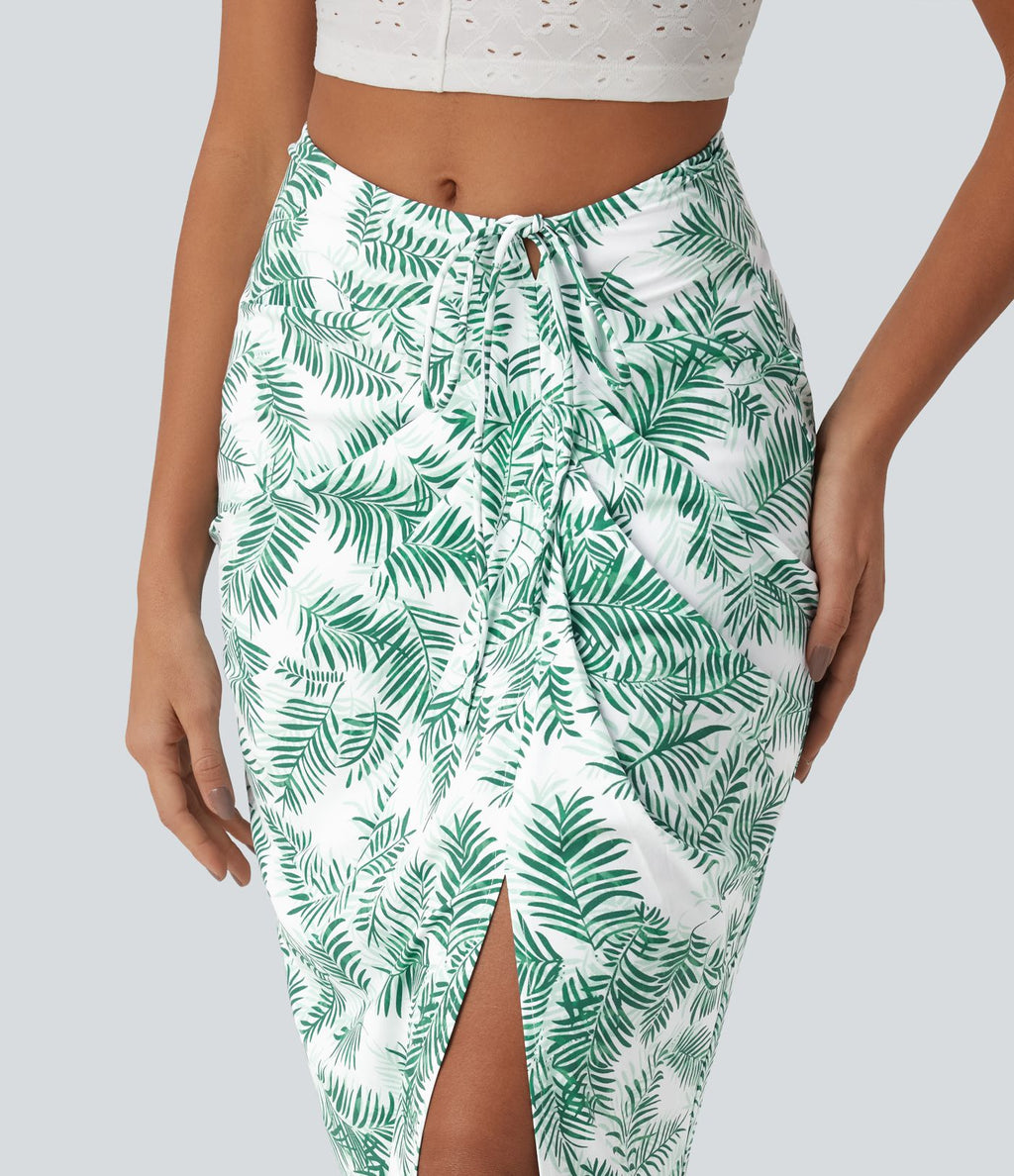 Jupe longue moulante taille mi-haute avec nœud devant et fronces imprimé floral/à rayures