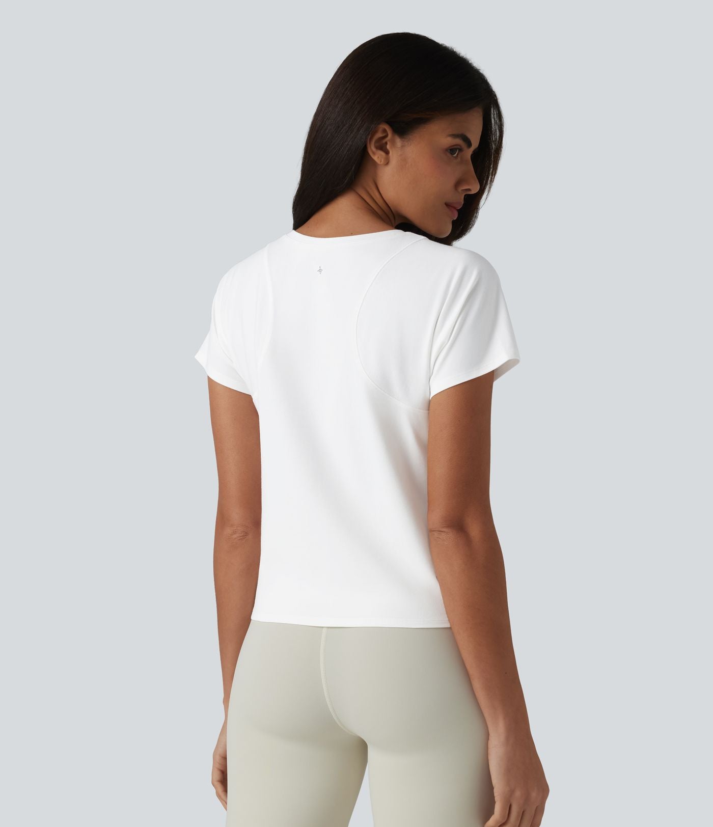 Haut de sport décontracté en coton à manches courtes et col raglan, style yoga, coupe ample, col en V