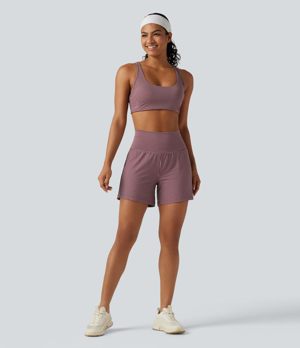 Short de yoga 2-en-1 à rayures, taille très haute, 12,5 cm, à poches