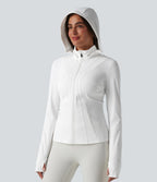 Veste de randonnée ajustée capuche amovible à trous pouces ourlet volants