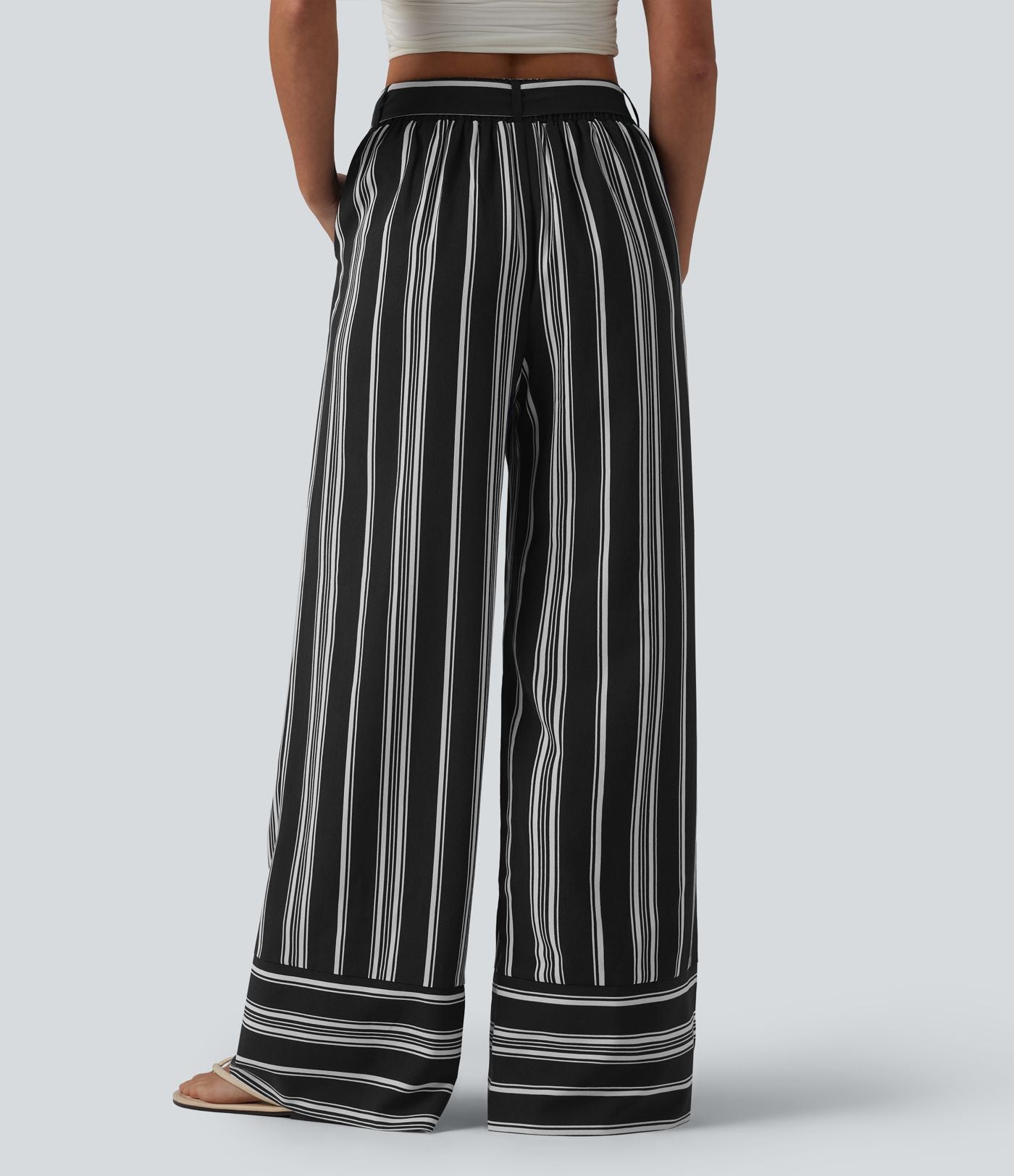 Pantalon large taille haute à rayures avec ceinture et poches