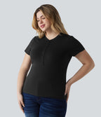 T-shirt Halara grande taille décontracté en jersey de coton, col Henley ultra-ajusté, manches courtes