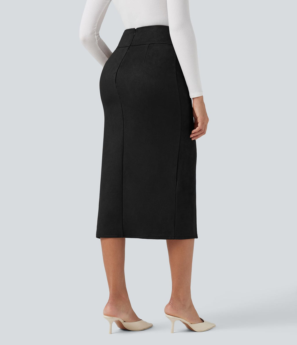 Jupe midi moulante en daim taille haute
