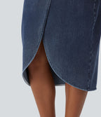 Halara Flex™ Jupe en Jean midi délavé taille haute avec zip dos, effet drapé et ourlet tulipe