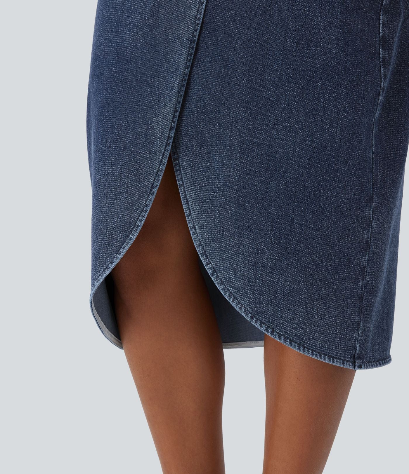 Halara Flex™ Jupe en Jean midi délavé taille haute avec zip dos, effet drapé et ourlet tulipe