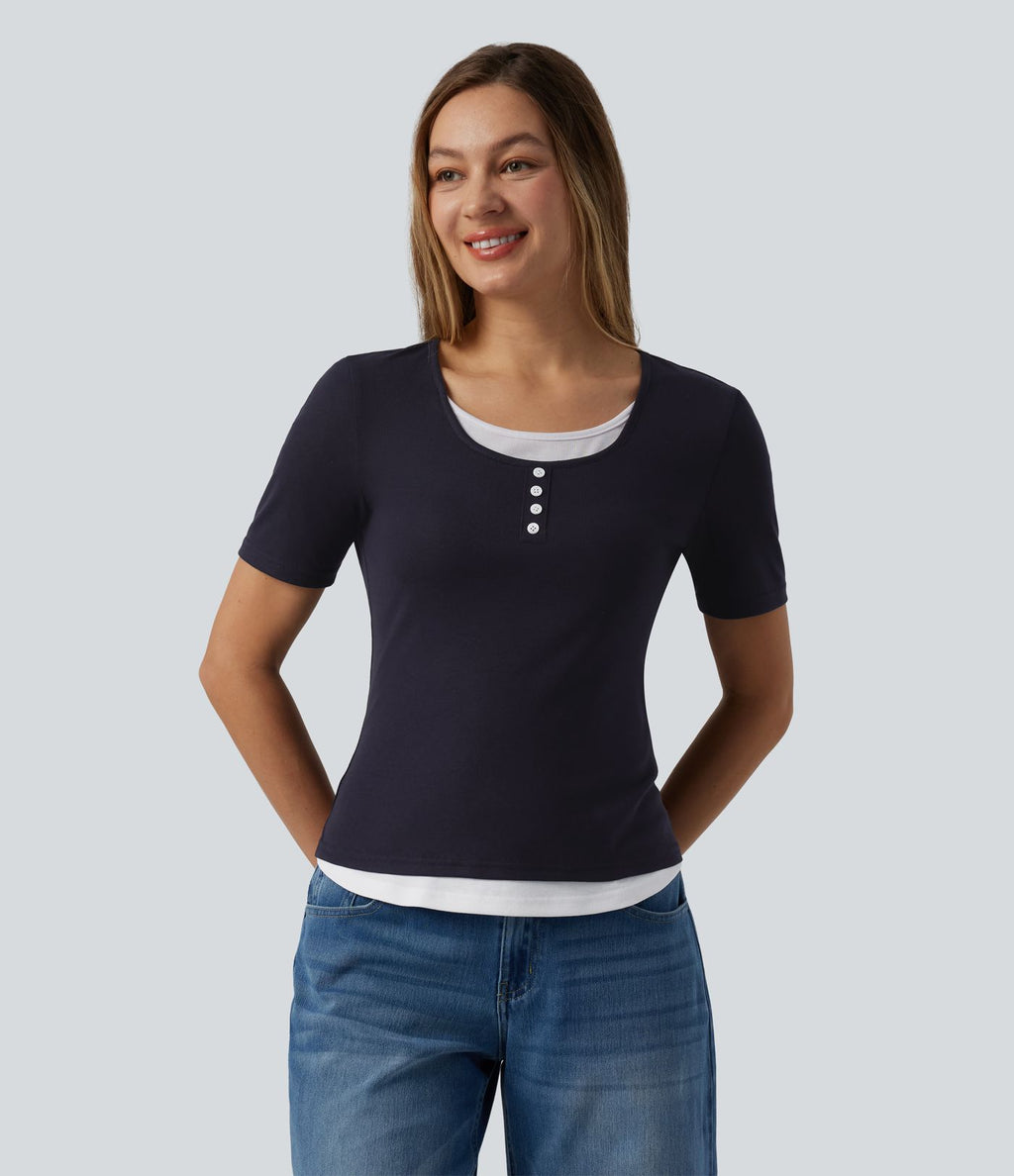 T-shirt casual color block col rond et manches courtes