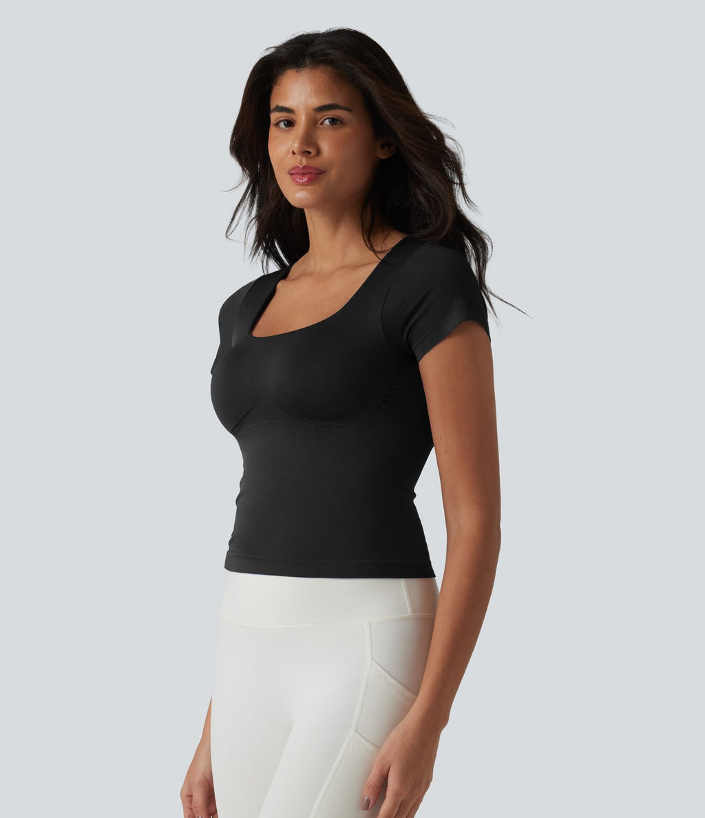 OneForm Haut de sport de yoga sans coutures col carré manches courtes soutien-gorge intégré