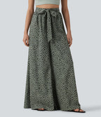 Pantalon casual large imprimé léopard taille haute avec nœud devant et poches