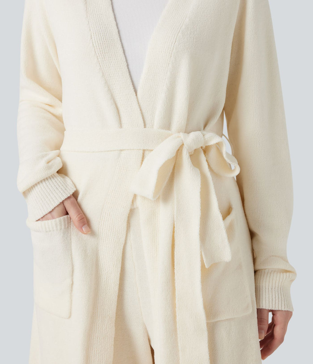 Robe d'intérieur longue tricot ouverte ceinturée manches longues avec poches