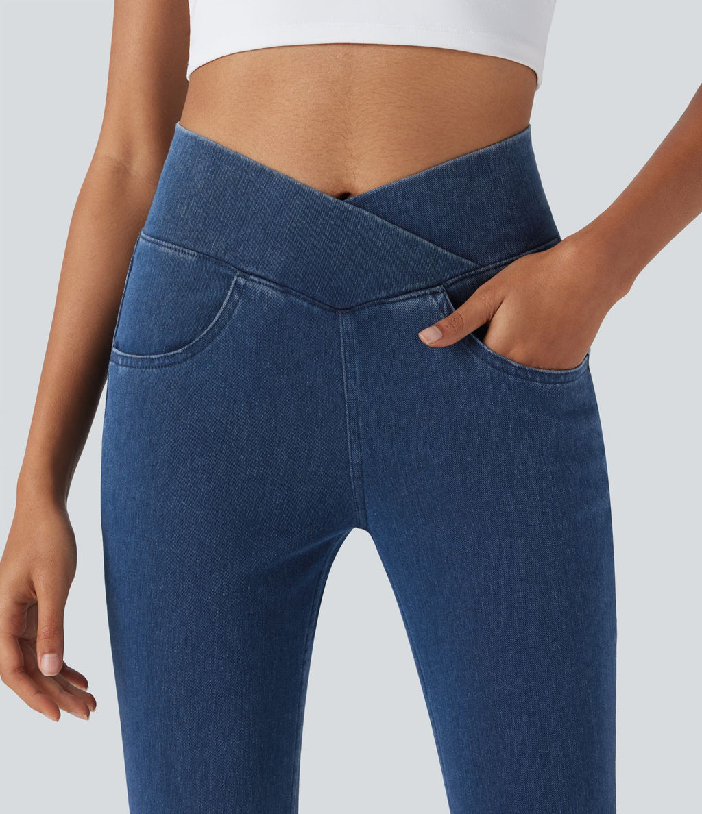 Legging capri décontracté Halara Flex™ croisé taille haute en maille denim extensible avec poches