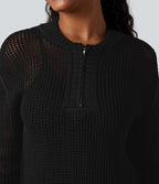 Pull ajouré demi-zip col rond manches longues