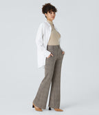 Halara Flex™ Pantalon tailleur évasé à carreaux pied-de-poule, taille haute avec boutons décoratifs et poches latérales