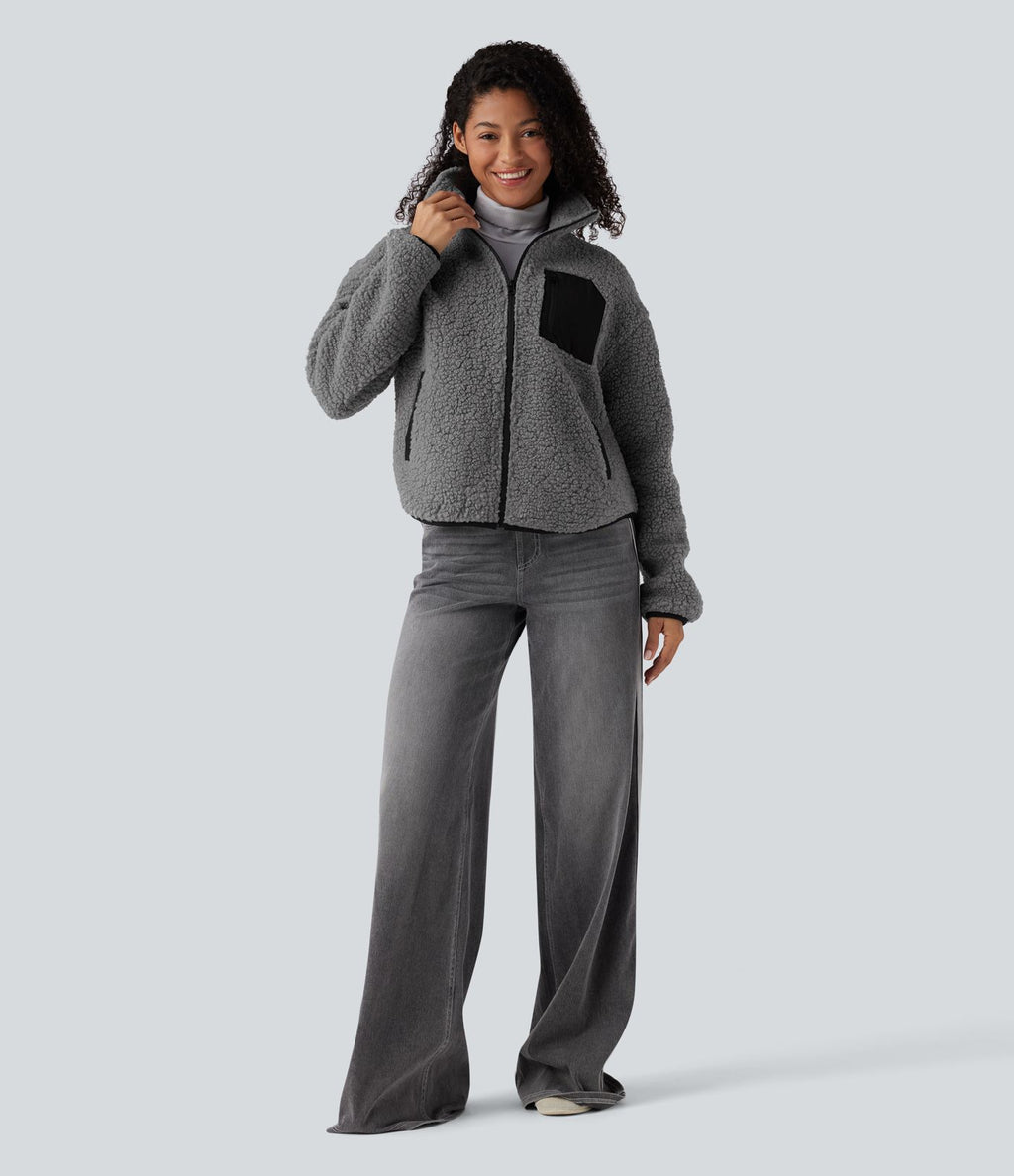 Veste sherpa col roulé manches longues avec poches