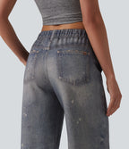 Jogging jean décontracté en molleton French Terry imprimé denim taille mi-haute avec poches