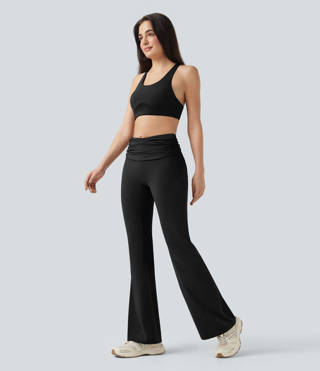 Pantalon de danse à coupe bootcut gainant taille mi-haute repliable avec fronces et poches Halara UltraSculpt™